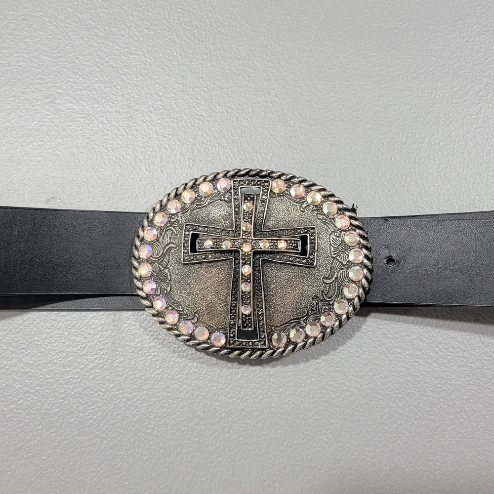 Rhinestone Cross Western Belt Buckle on Black Belt